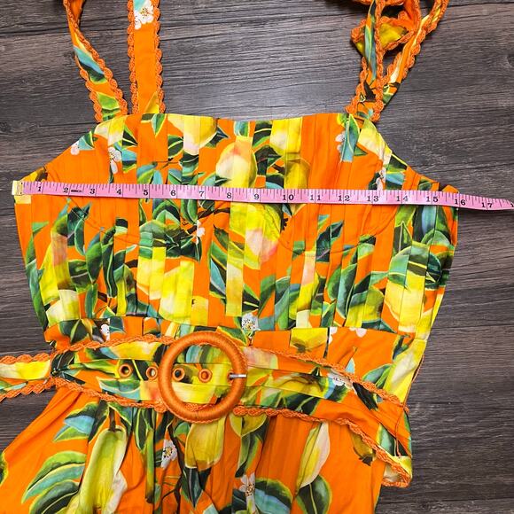 NWT Farm Rio Orange Chic Pears 100% Organic Cotton Mini Dress Belted S Retro - Picture 11 of 14